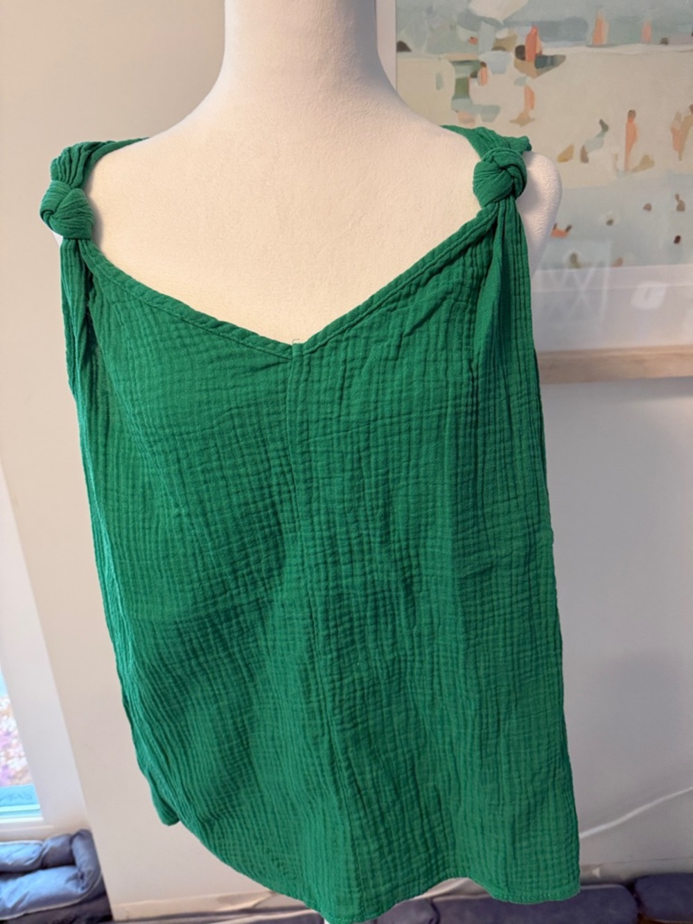 SHEIN Emerald Green Knotted-Shoulder Cotton Gauze Tank